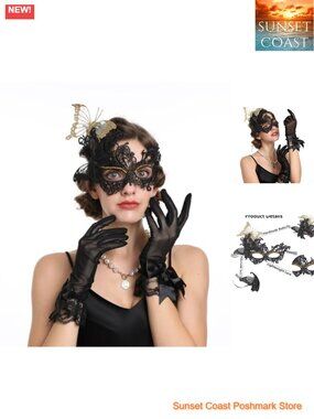 Lace Masquerade Mask and Gloves Set Butterfly Rhinestones Costume
